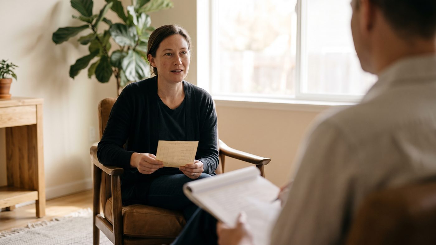 A woman talking with a clinician in a calm consultation room, an old school report card in her lap