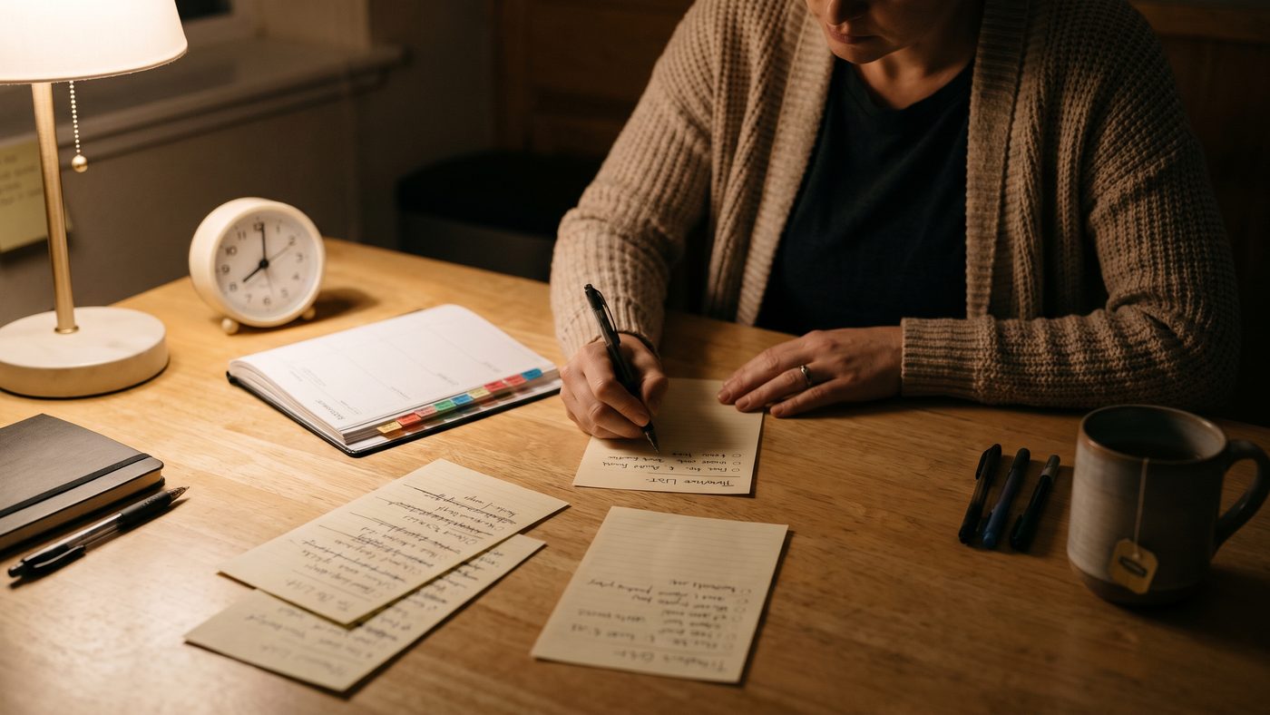 A woman rewriting a to-do list late at night beside two earlier versions